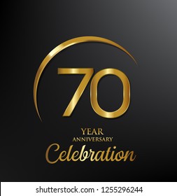 70 years anniversary celebration. Anniversary logo with swoosh and elegance golden color isolated on black background, vector design for celebration, invitation card, and greeting card