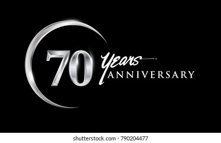 70 years anniversary celebration. Anniversary logo with silver ring elegant design isolated on black background, vector design for celebration, invitation card, and greeting card.