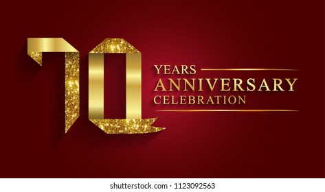 70 years anniversary celebration logotype style gift paper. Logo ribbon golden number on red background.