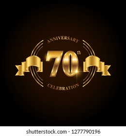 70 years anniversary celebration logotype. Golden anniversary emblem with ribbon. Design for booklet, leaflet, magazine, brochure, poster, web, invitation or greeting card. Vector illustration. 