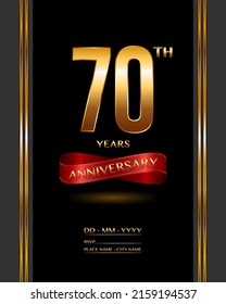 70 years anniversary celebration logotype with elegant gold color and ribbon for booklet, leaflet, magazine, brochure poster, banner, web, invitation or greeting card. Vector illustrations.