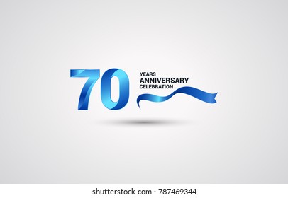 70 Years Anniversary celebration logotype colored with shiny blue, using ribbon and isolated on white background