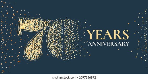 70 years anniversary celebration vector icon, logo. Template horizontal design element with golden glitter stamp for 70th anniversary greeting card 