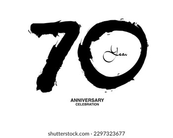 70 Jahre Jubiläum Feier Vektorvorlage, 70-stellige Logo-Design, 70. Geburtstag, Schwarze Buchstaben Zahlen Pinselzeichnung handgezeichnet Skizze, schwarze Zahl, JubiläumsVektorgrafik