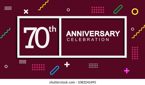 70 years anniversary celebration white square style isolated on dark purple with colorful memphis pattern background, design for anniversary celebration.
