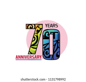 70 years anniversary with colorful tribal and pink circle. Vector illustration isolated on white background