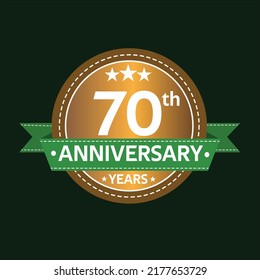 70 years anniversary, country style, old gold and green, wedding, companies, years, jubilee, greeting card. Birthday invitation sign on deep green background. Vector illustration.