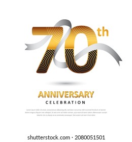 70 years anniversary creative logo template with ribbon. Poster template for Celebrating 70th event. Design for banner, magazine, brochure, web, invitation or greeting card. Vector illustration