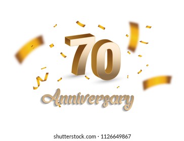 70 years Anniversary with golden 3d number and blur confetti isolated on white background