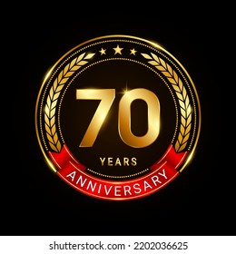 70 years anniversary, golden anniversary celebration logotype with red ribbon isolated on black background, vector illustration