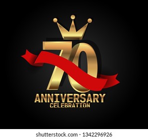 70 years Anniversary golden font with black background and red ribbon, and golden crown