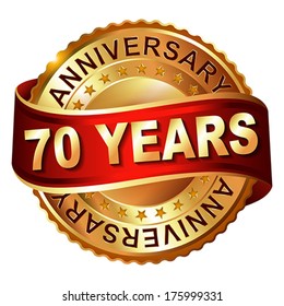 70 years anniversary golden  label with ribbon.  Vector illustration.