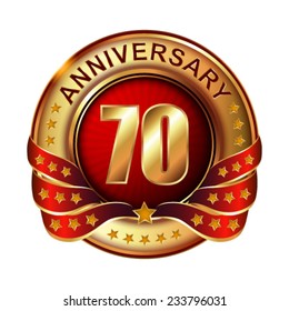 70 years anniversary golden label with ribbon.  Vector illustration. 