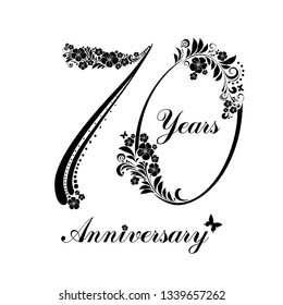 70 years anniversary. Happy birthday card. Celebration background with number seventy and place for your text.  Fresh spring  flowers. Template elements for your birthday party. Vector 