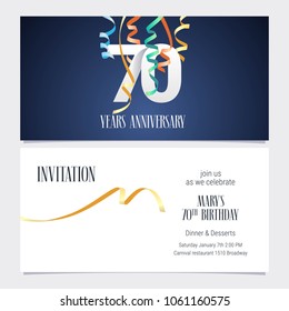 70 years anniversary invitation to celebrate the event vector illustration. Design template element with number and text for 70th birthday card, party invite 