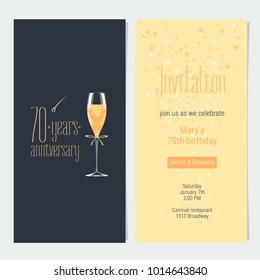 70 years anniversary invitation vector illustration. Design element with icon with age, lettering and bodycopy template for 70th anniversary greeting card, party invite