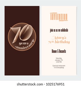 70 years anniversary invitation vector illustration. Graphic design element for 70th birthday card, party invite 
