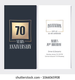 70 years anniversary invitation vector illustration. Graphic design template with golden element for 70th anniversary party or dinner invite 