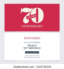 70 years anniversary invitation vector illustration. Design template element with body copy for 70th birthday card, party invite 