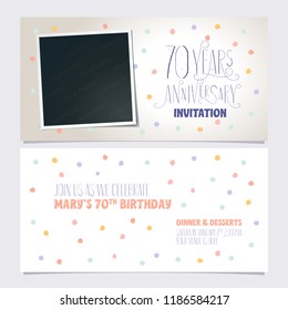 70 years anniversary invitation vector illustration. Design template with photo frame collage for 70th anniversary party  invite 