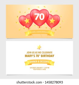 70 years anniversary invitation vector illustration. Design template element with elegant romantic background for 70th marriage, wedding or birthday card, party invite 