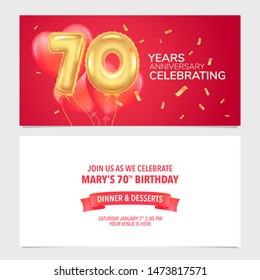 70 years anniversary invitation vector illustration. Design template card, party invite with air balloon digit for 70th birthday 