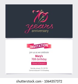 70 years anniversary invite vector illustration. Graphic design element for 70th birthday card, party invitation 