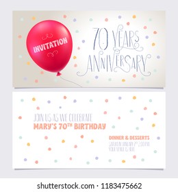70 years anniversary invite vector illustration. Graphic design element with air balloon for 70th birthday card, party invitation 
