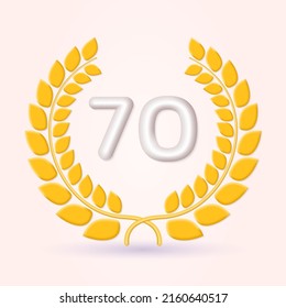 70 years anniversary laurel wreath 3d logo or icon. Jubilee, birthday badge, label design. 70th celebrating emblem. Vector illustration.