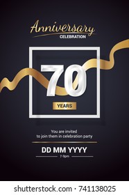 70 Years Anniversary Logo Celebration and Invitation Card with gold ribbon Isolated on Dark  Background