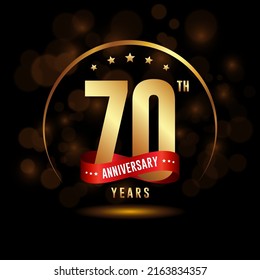 70 years anniversary logo with golden ring and ribbon for booklet, leaflet, magazine, brochure poster, banner, web, invitation or greeting card. Vector illustrations.