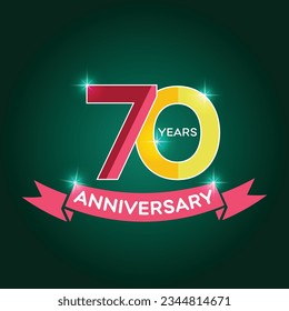 70 years anniversary logo with red ribbon icon, flat 20th year birthday party sign