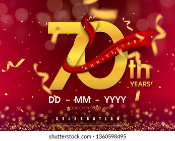 70 years anniversary logo template on gold background. 70th celebrating golden numbers with red ribbon vector and confetti isolated design elements
