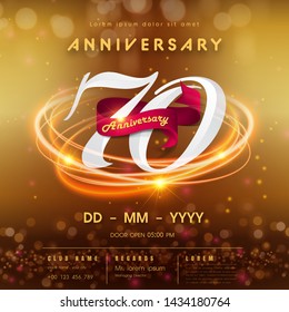 70 years anniversary logo template on golden Abstract futuristic space background. 70th modern technology design celebrating numbers with Hi-tech network digital technology concept design elements.