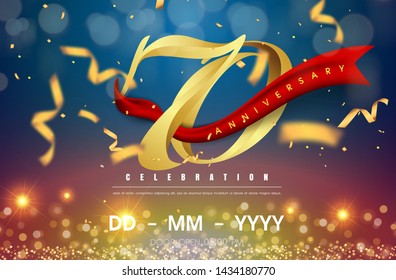 70 years anniversary logo template on gold and blue background. 70th celebrating golden numbers with red ribbon vector and confetti isolated design elements
