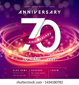 70 years anniversary logo template on purple Abstract futuristic space background. 70th modern technology design celebrating numbers with Hi-tech network digital technology concept design elements.