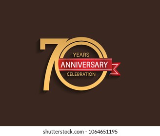 70 years anniversary logotype with golden color red ribbon isolated on brown background for celebration event