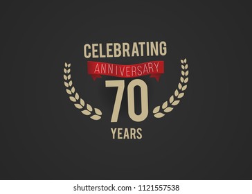 70 Years Anniversary logotype with golden colored font number, with ribbon and laurel, isolated on black background for company celebration event, birthday