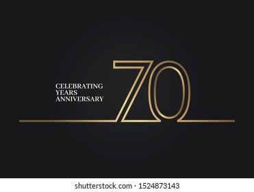 70 Years Anniversary logotype with golden colored font numbers made of one connected line, isolated on black background for company celebration event, birthday
