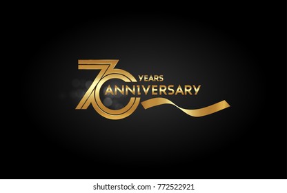 70 Years Anniversary Logotype with  Golden Multi Linear Number and Gold Ribbon, Isolated on Black Background