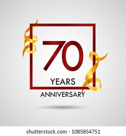 70 years anniversary with red number design inside red square and golden ribbon element, isolated on white background can be used as celebration card