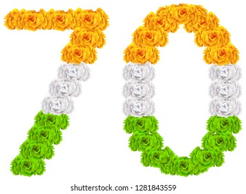 70 years anniversary republic day india. Number 70 of national flag tricolor flowers. Isolated on white vector symbol illustration