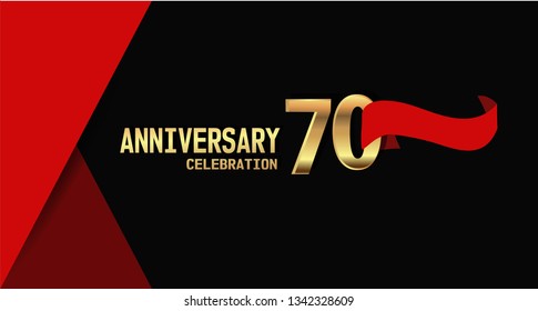 70 years Anniversary simple design with golden font and red ribbon, black and red background