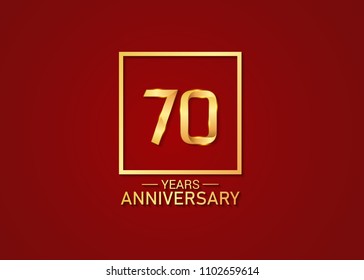70 years anniversary with square golden colored, isolated on red background
