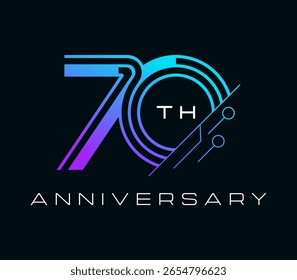 70 anos de aniversário com tecnologia elemento design vetor ilustração. Modelo de design de logotipo exclusivo de 70 anos. Na cor azul púrpura.