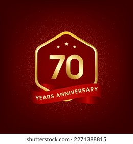 70 years anniversary. Anniversary template design with gold number and red ribbon, design for event, invitation card, greeting card, banner, poster, flyer, book cover and print. Vector Eps10