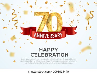 70 years anniversary vector banner template. Seventieth jubilee with red ribbon and confetti on white background