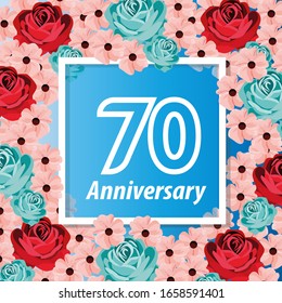 70 años de aniversario. Tarjeta de saludo decorativa floral para celebración