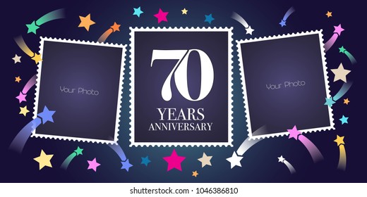 70 years anniversary vector emblem, logo. Template design, greeting card with photo frame collage on festive  background for 70th anniversary 