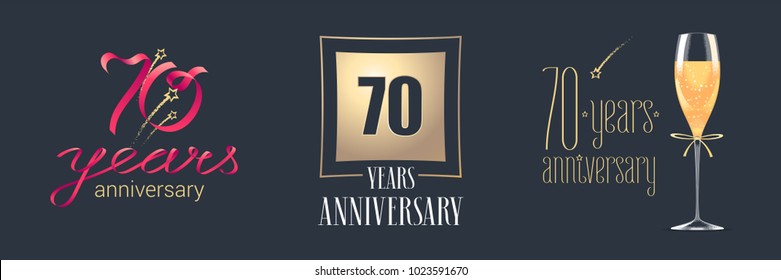 70 years anniversary vector icon, logo set. Festive design element with golden numbers and champagne for 70th anniversary celebration